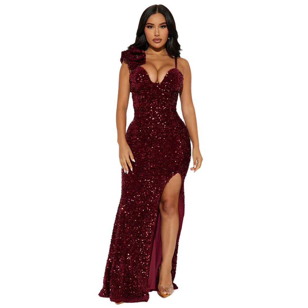 Women Wear Solid Color Sexy Suspenders Sequined Maxi Dress Slit Evening Dress by Ragazza