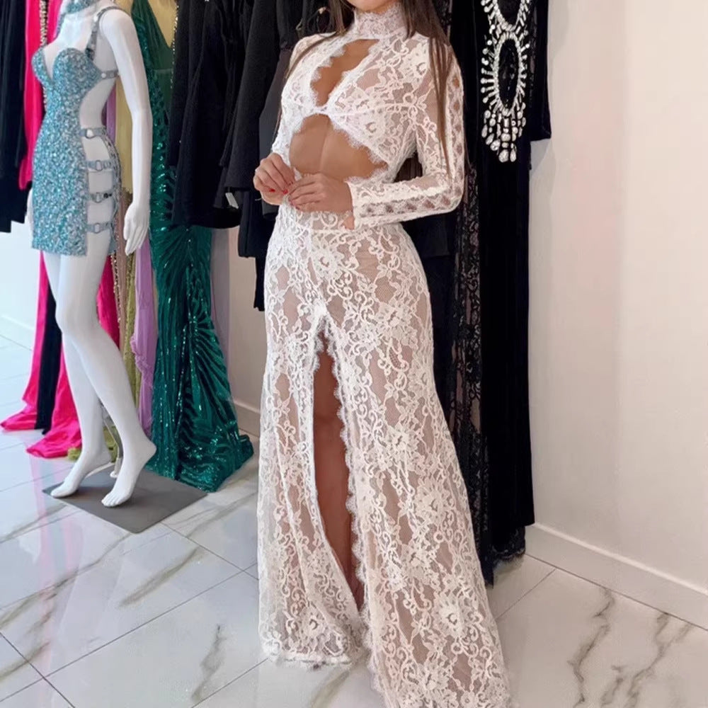 Women Clothing Sexy Cutout Design Turtleneck High Slit Red Carpet Lace Dress Women  DestGlow