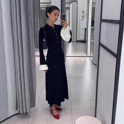Dehaired Angora Covering Yarn Slimming Patchwork Long Sleeved Knitted Maxi Dress Casual Waist Tight Maxi Dress for Women by Ragazza