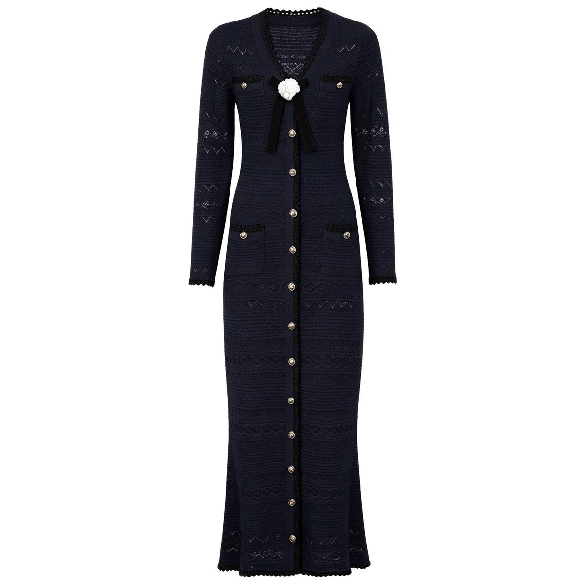 Spring Autumn Fashionable Knitted V neck Floral Slim Fit Slimming Long Sleeves Dress Women  DestGlow