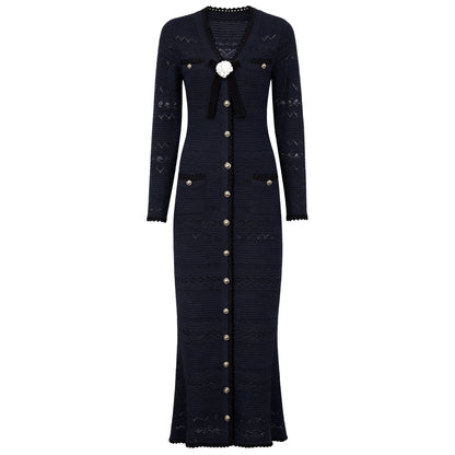 Spring Autumn Fashionable Knitted V neck Floral Slim Fit Slimming Long Sleeves Dress Women  DestGlow