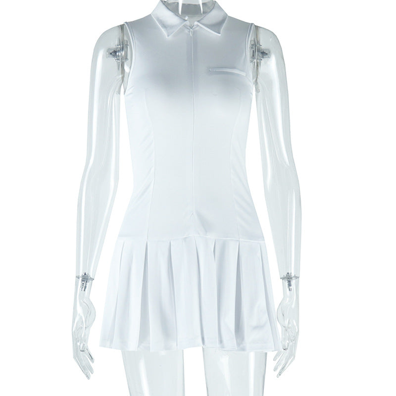 Women Clothing Solid Color Dress Sexy Sleeveless Collared Zipper Casual Pleated Dress by Ragazza