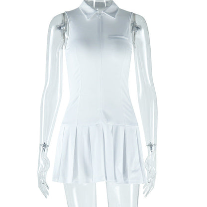 Women Clothing Solid Color Dress Sexy Sleeveless Collared Zipper Casual Pleated Dress by Ragazza