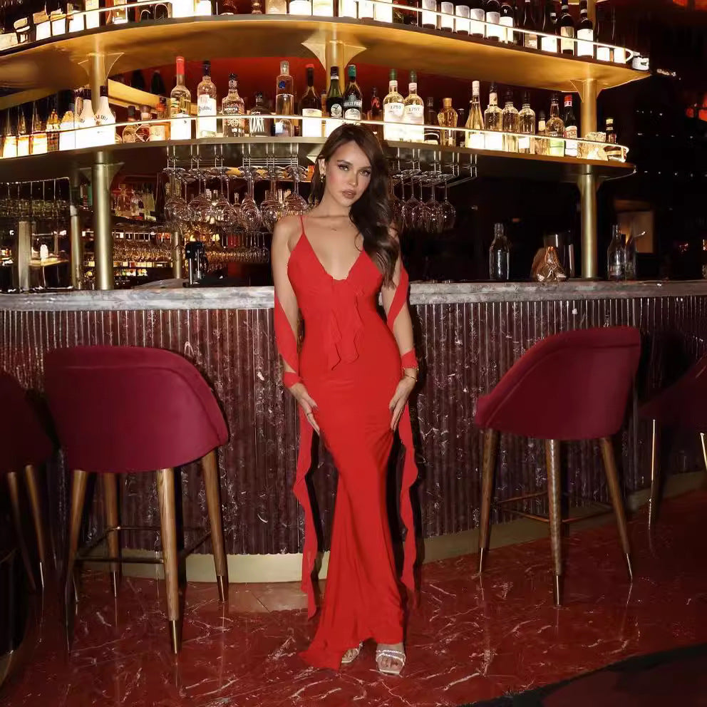 Women Summer Sexy Dress V Neck Backless Slim Fit Shoulder Strap Fishtail Evening Dress by Ragazza