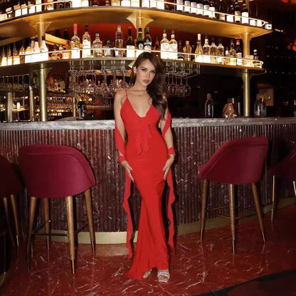 Women Summer Sexy Dress V Neck Backless Slim Fit Shoulder Strap Fishtail Evening Dress by Ragazza