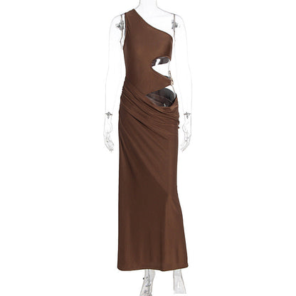 Women Dress Diagonal Collar Sleeveless High Grade Pleated Dress by Ragazza