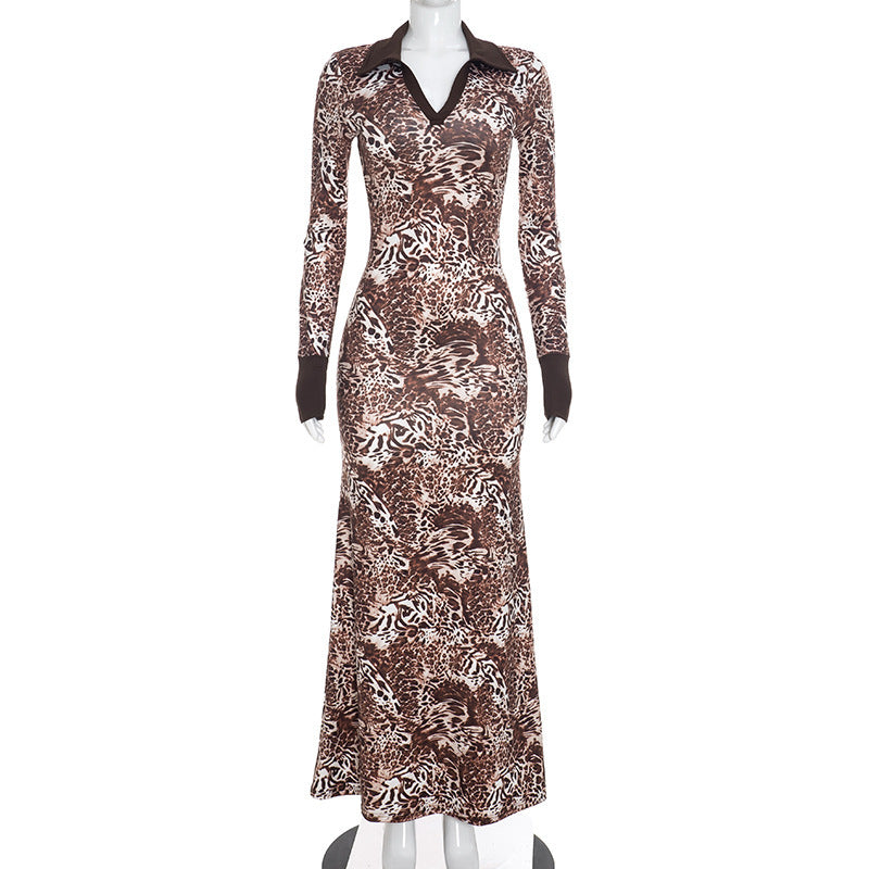 Women Clothing Autumn Sexy Digital Printing Contrast Color Polo Collar Long Sleeve Slim Dress  DestGlow