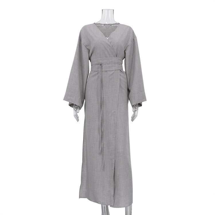 Casual Cross Design Lace up Dress Women V neck Long Sleeve Split High Waist Maxi Dress by Ragazza