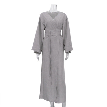 Casual Cross Design Lace up Dress Women V neck Long Sleeve Split High Waist Maxi Dress by Ragazza