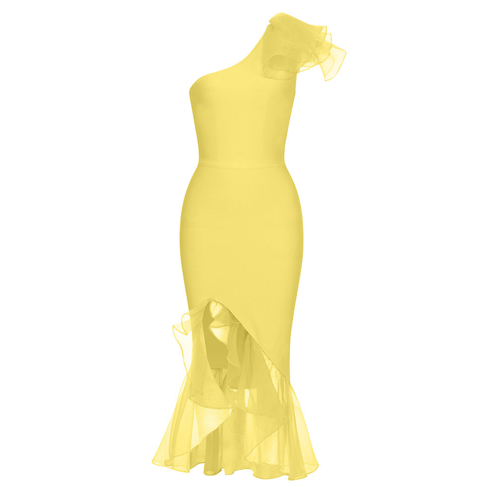 Simple Sexy One Shoulder Stitching Lace Slim Fishtail Long Bandage One Piece Dress by Ragazza