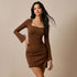 Autumn Winter Brown Square Collar Slimming Slimming Sheath Split Dress Flared Long Sleeve Pleated Commuting Dress by Ragazza