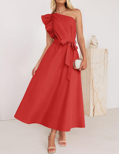 Women Maxi Dress Oblique Shoulder Wooden Ear Belt Dress Bridesmaid Toast Dress by Ragazza