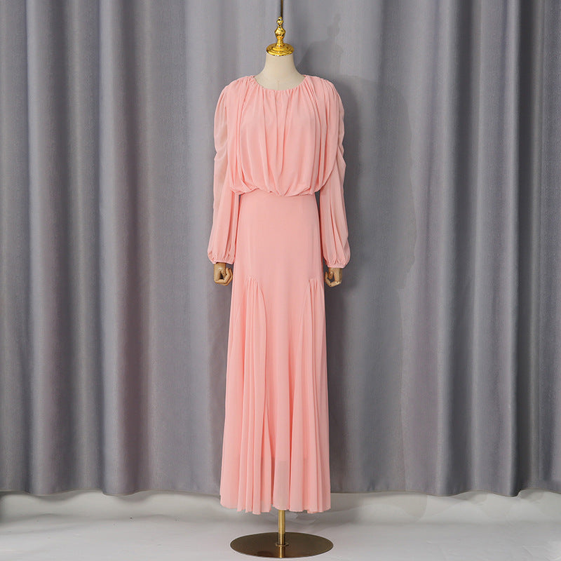Gentle Dress Dress round Neck High Grade Pleated Patchwork Waist Slimming Maxi Dress  DestGlow