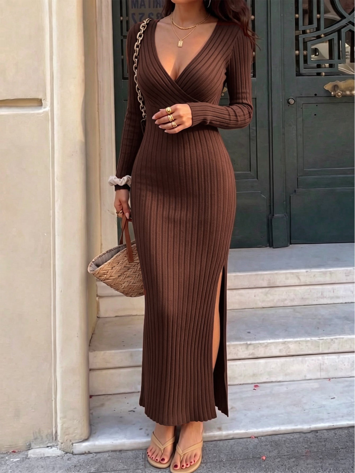 Autumn Winter Deep V Plunge neck Knitted Dress Women Long Sleeved Waist Slimming Slit Sheath Dress  DestGlow