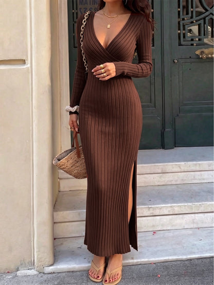 Autumn Winter Deep V Plunge neck Knitted Dress Women Long Sleeved Waist Slimming Slit Sheath Dress  DestGlow