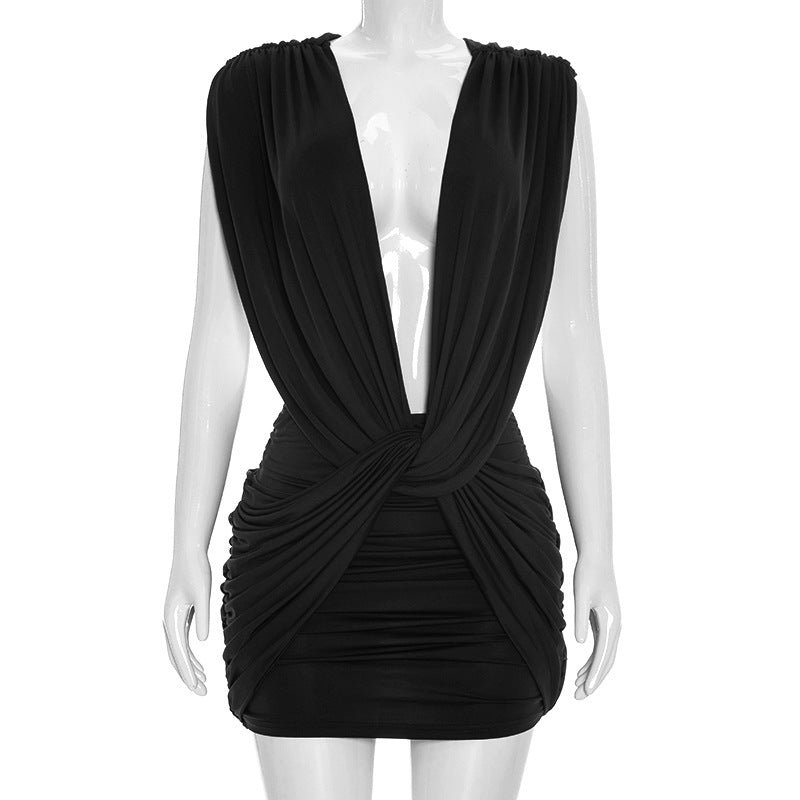 Women Clothing Summer Solid Color Casual Cross Twist Sleeveless Pleated Slim Short Dress  DestGlow