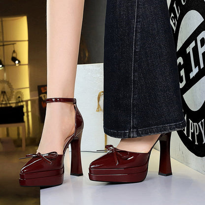 Sexy Double Layer Waterproof Platform Super High Heel Buckle Bow Patent Leather Pointed Toe Hollowed  DestGlow