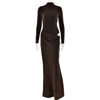 Summer Half High Collar Long Sleeves Dress Sexy Slim Fit Faux Two Piece Solid Color Dress by Ragazza