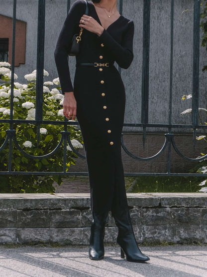 Autumn Winter Long Sleeve Knitted Dress Button Split Russia Hip Wrapped Sweater Cardigan Dress No Belt by Ragazza