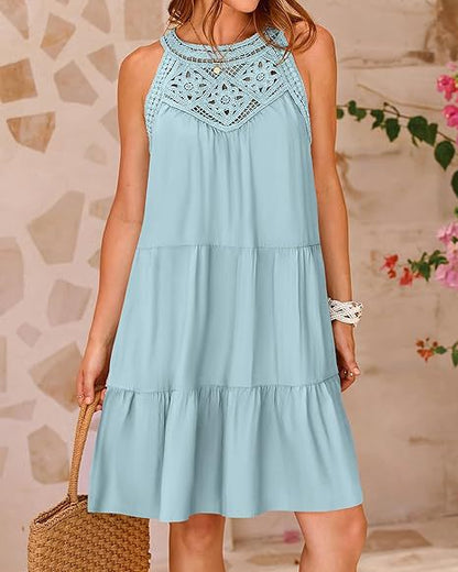 Women Clothing Popular Hollow Out Cutout Lace Stitching Halter A line Dress by Ragazza