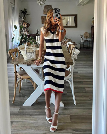 Dress Summer Striped V Neck Slit Hemline At Hem Casual Loose Dress by Ragazza