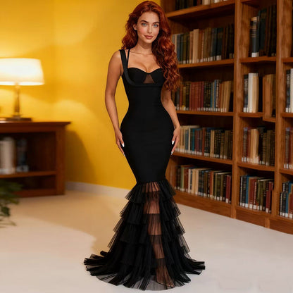 Elegant Fishtail Dress Sexy Mesh Stitching Sling Bandage One Piece Dress Party Evening Dress by Ragazza