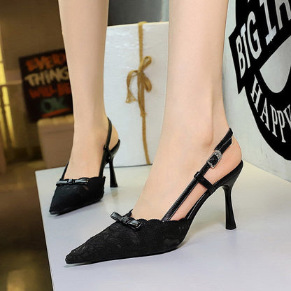 French Ladies Bow Stiletto Heel High Heels Women Sexy Lace Mesh Pointed Toe Buckle  DestGlow
