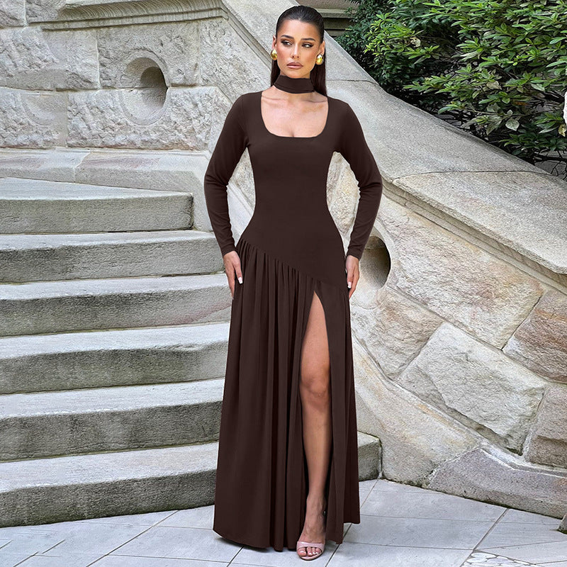 Women Clothing Autumn Sexy Contrast Color U Collar Solid Color Split Long Sleeve Dress by Ragazza