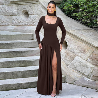 Women Clothing Autumn Sexy Contrast Color U Collar Solid Color Split Long Sleeve Dress by Ragazza