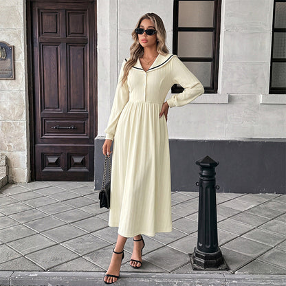 French Gentle Sailor Collar Contrast Color Waist Controlled Long Sleeves Dress  DestGlow