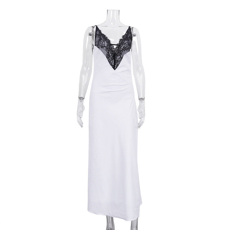 Stitching Design Lace Contrast Color Cami Dress Women Sexy Backless V neck Sleeveless Sheath Dress by Ragazza