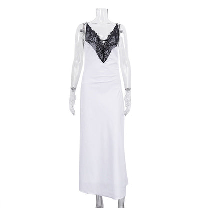 Stitching Design Lace Contrast Color Cami Dress Women Sexy Backless V neck Sleeveless Sheath Dress by Ragazza