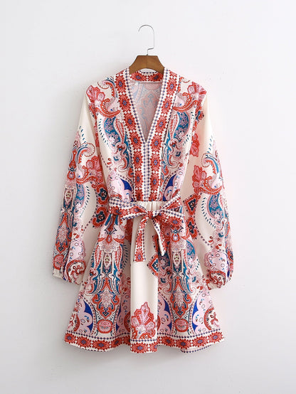 Spring Autumn New Women Clothing Fashion Long Sleeve V-Neck Positioning Print Dress  DestGlow