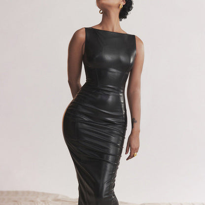 Women Dress Autumn Faux Leather Dress Split Maxi Dress Women Clothing Now by Ragazza