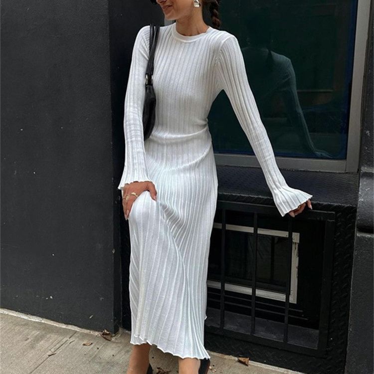 Long Sleeve Round Neck Tight Knitted Dress Autumn Sweater Dress Sunken Stripe Solid Color Base Dress by Ragazza