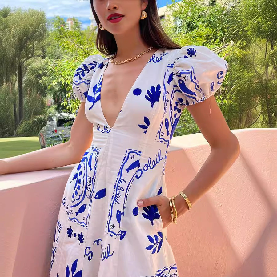 Low Cut V Neck Printed Puff Sleeve Large Swing Cotton Linen Dress by Ragazza