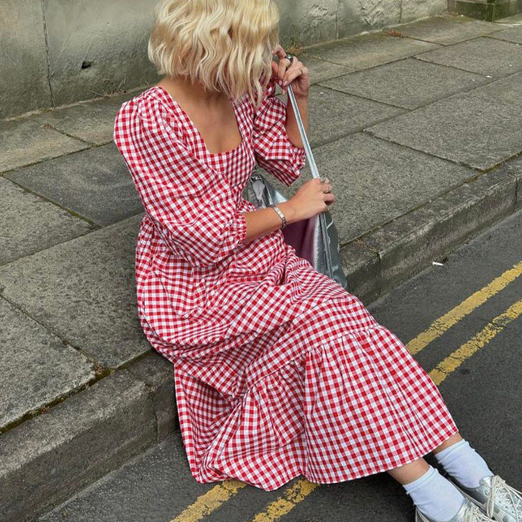 Autumn Red Plaid Square Collar Half Sleeve Lace up French Dress Women Casual Dress by Ragazza