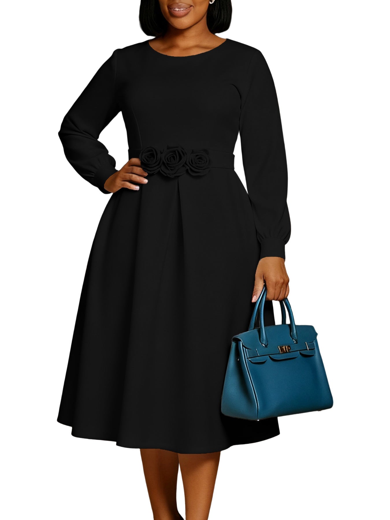 Women Clothing Autumn Winter Dress Solid Color round Neck Floral Swing Dress by Ragazza