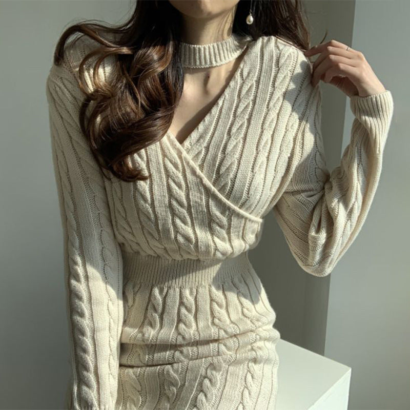 Chic Personality All Match Round Neck Hemp Pattern Front Back Wearable Design Sneaky Design Split Sweater Dress Women by Ragazza