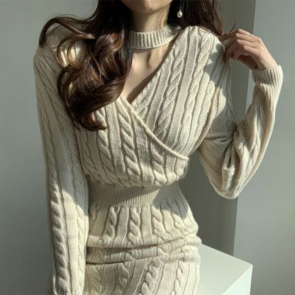 Chic Personality All Match Round Neck Hemp Pattern Front Back Wearable Design Sneaky Design Split Sweater Dress Women by Ragazza