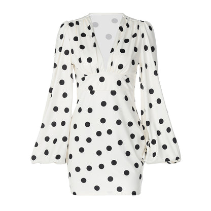 Polka Dot Printed Sexy Deep V Plunge neck Slim Fit Bell Sleeve Sheath Dress for Women by Ragazza