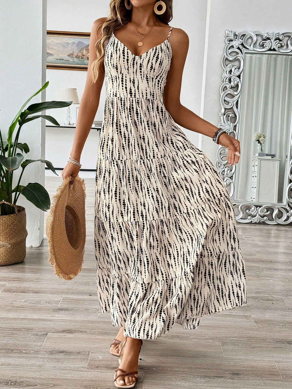 Summer Strap Backless Lace up Dress Striped Design Waist Slimming Vacation Dress  DestGlow