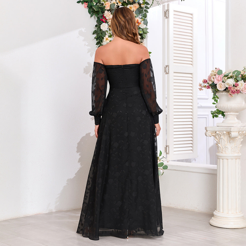 Black off Shoulder Long Sleeve Chiffon Embroidered Evening Dress High Slit Fully Lined Party Dress by Ragazza