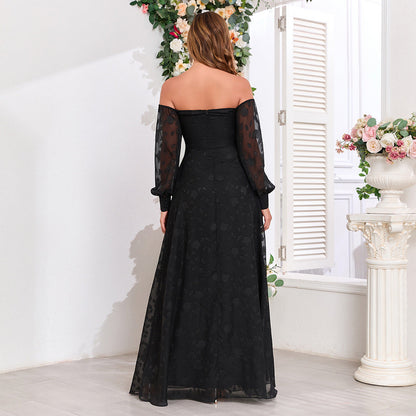 Black off Shoulder Long Sleeve Chiffon Embroidered Evening Dress High Slit Fully Lined Party Dress by Ragazza