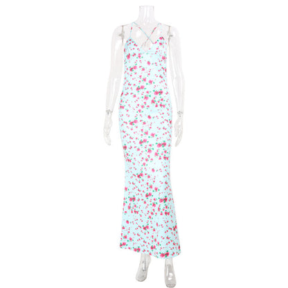 Spring Summer Waist Slimming Elegant Floral Strap Dress Deep V Plunge Vacation by Ragazza