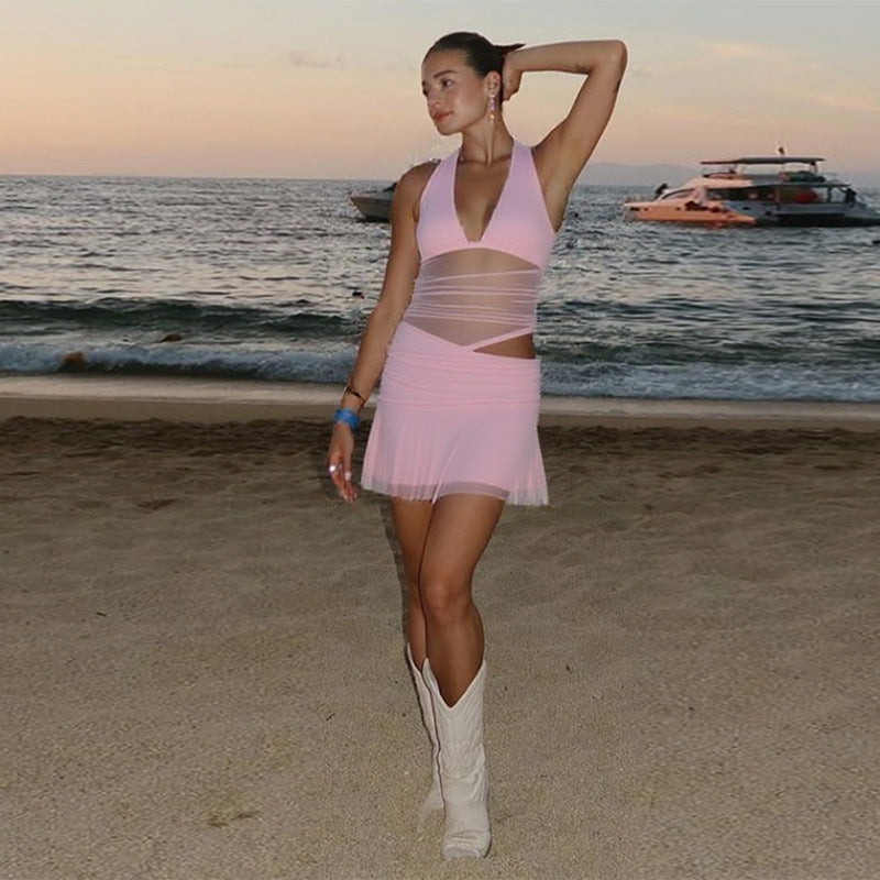 Women Clothing Sexy Deep V Plunge Stitching Mesh Hollow Out Cutout Hip Wrapped Short Halter Dress by Ragazza