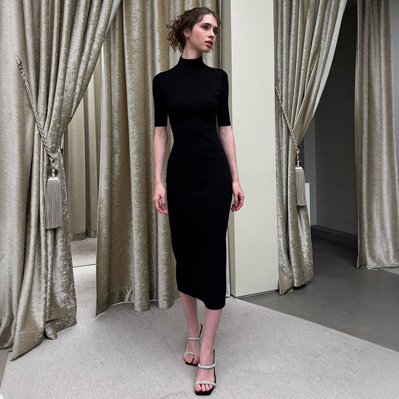 Summer Women Clothing French Half Turtleneck Backless Waist Trimming Dress  DestGlow