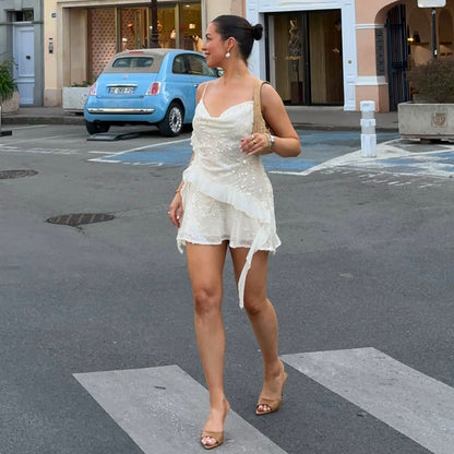 Elegant Party Sexy Special Sequ Swing Collar Irregular Asymmetric Hem Pleated Dress Short for Women by Ragazza