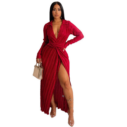 Sexy Slit Dress Autumn Winter V neck Long Sleeve Pleated Dress by Ragazza