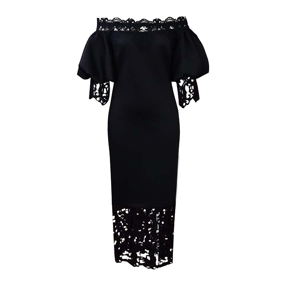 Women Clothes Elegant Lace Stitching Off Neck Dress by Ragazza